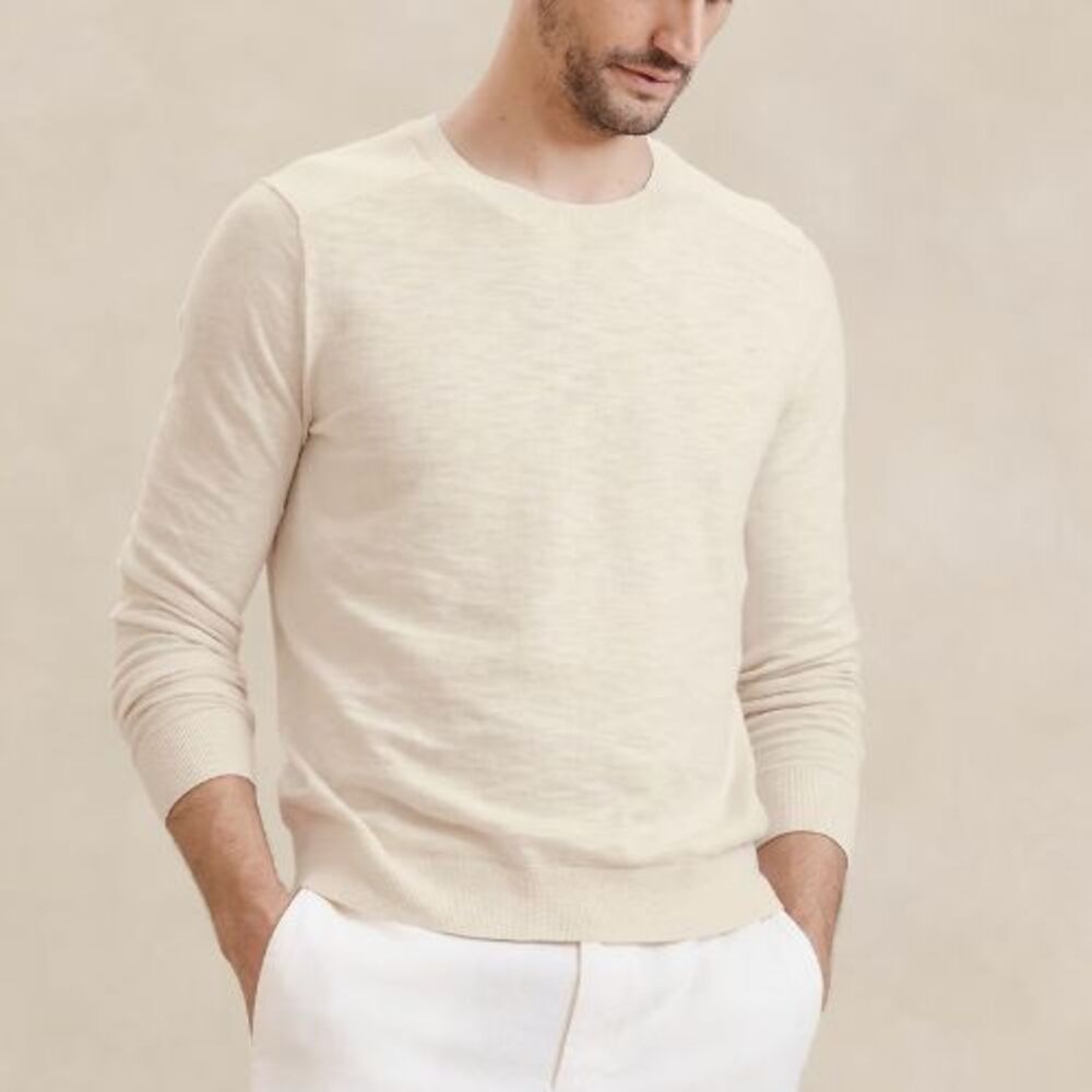 Banana Republic 100% Organic Cotton Slub Sweater Mens Size L Crewneck Cream